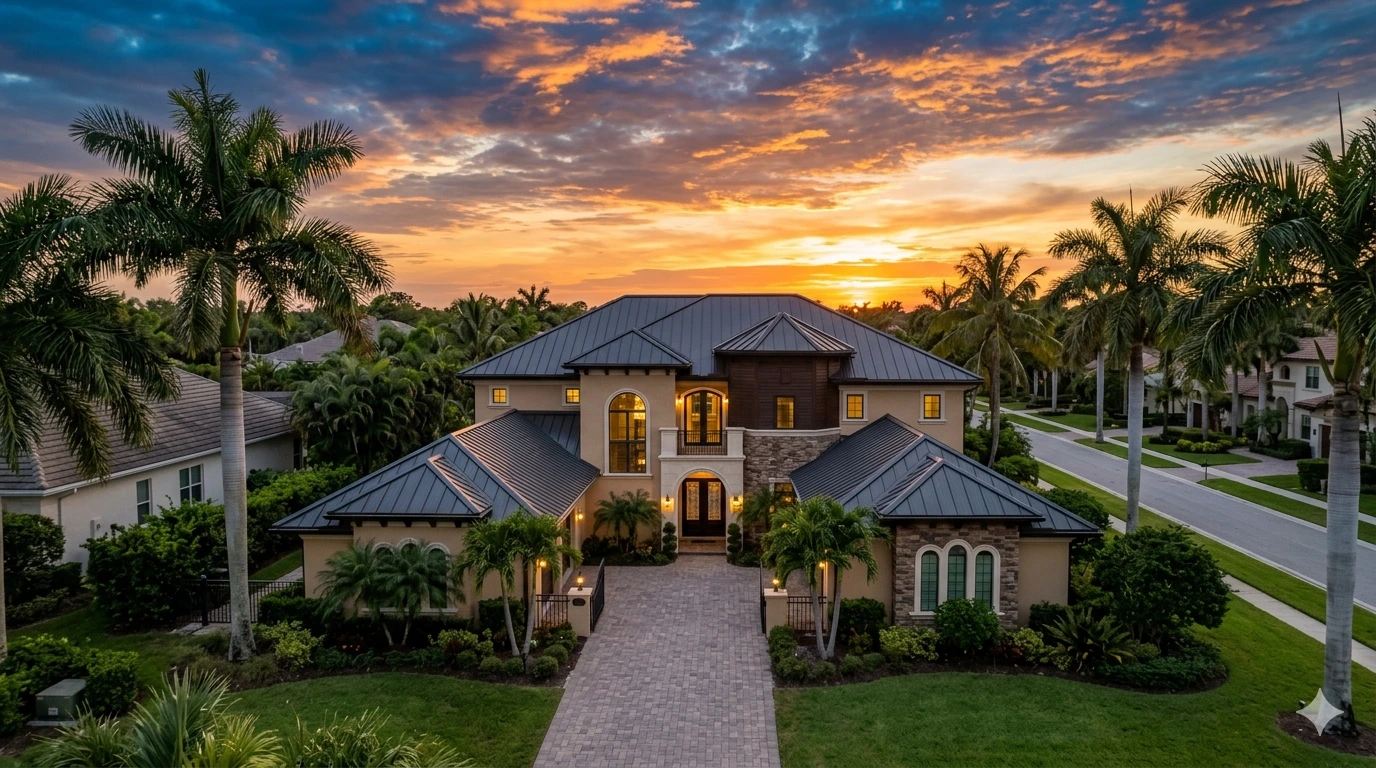 Dramatic metal roofing installation on Florida home at sunset - Wholesale Metal Roofing Polk County