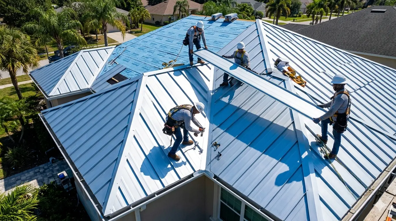 Metal roof installation in progress on Polk County Florida home